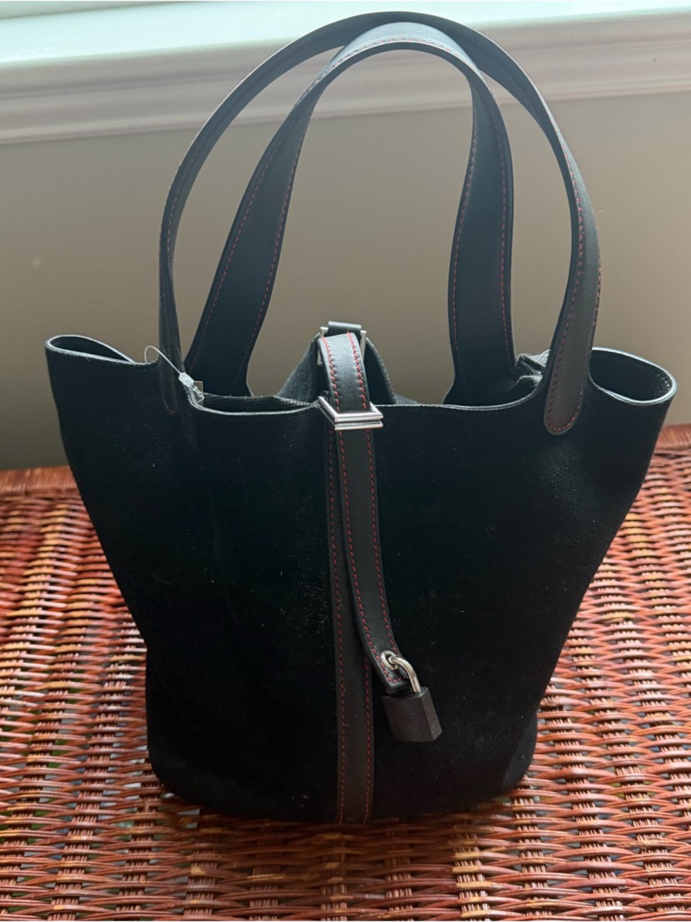 Hermes Picotin Black Suede Bag with Leather Trim